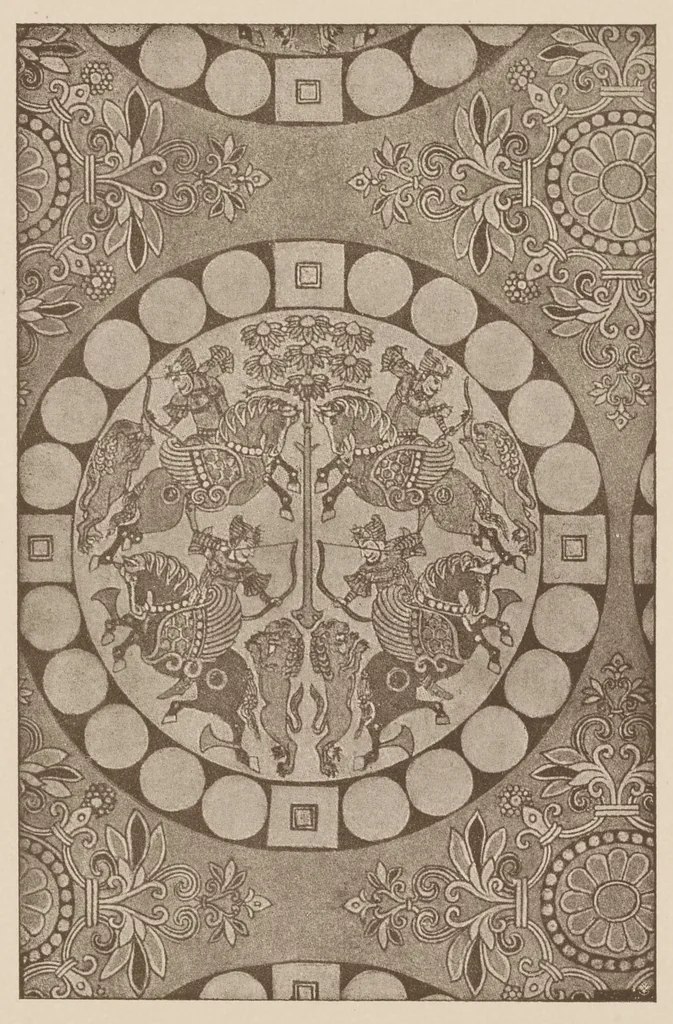 An illustration from Künstlerische entwicklung der weberei und stickerei innerhalb des europäischen kulturkreises von der spätantiken zeit bis zum beginne des XIX. jahrhundertes : mit ausschluss der volkskunst, 1904, leaf 88