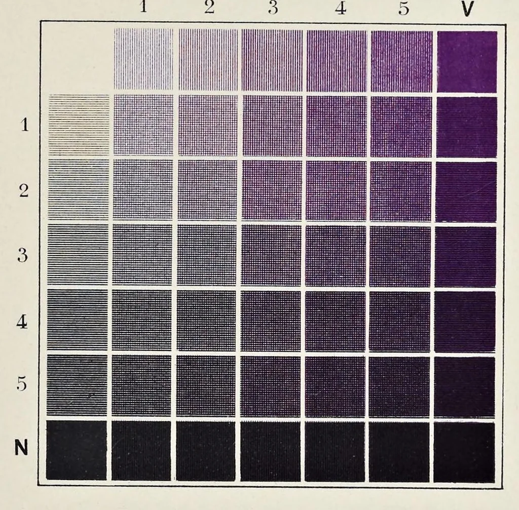 An illustration from Répertoire chromatique : solution raisonnée et pratique des problèmes les plus usuels dans l'étude et l'emploi des couleurs : vingt-neuf tableaux en chromos, représentant 952 teintes différentes & définies groupées en plus de 600 gammes typiques, 1890, leaf 188