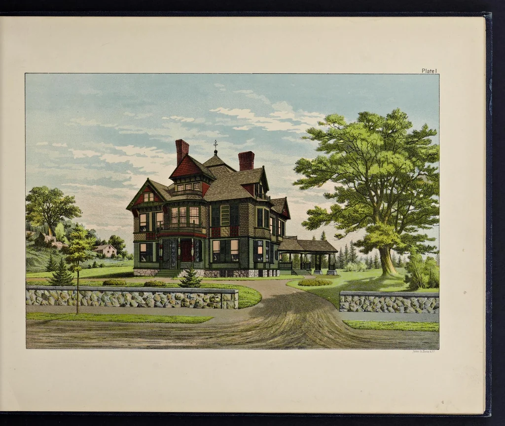 An illustration from Exterior decoration : a treatise on the artistic use of colors in the ornamentation of buildings and a series of designs, illustrating the effects of different combinations of colors in connection with various styles of architecture, 1885, leaf 18