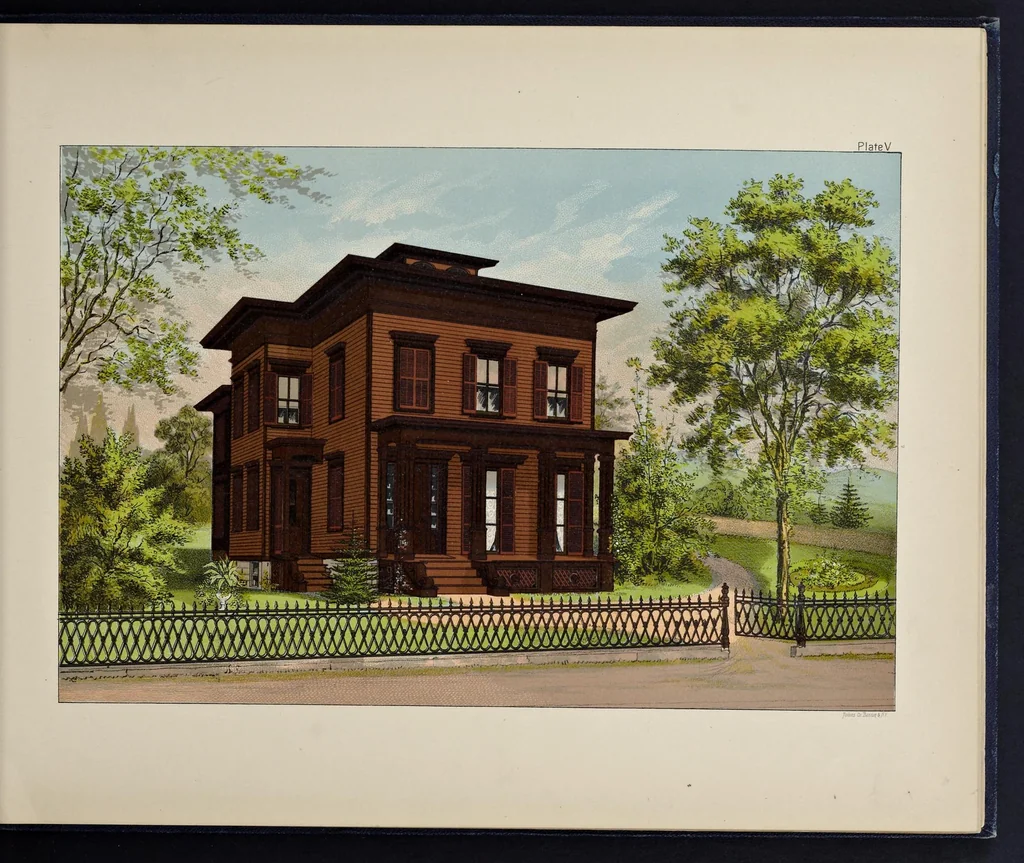 An illustration from Exterior decoration : a treatise on the artistic use of colors in the ornamentation of buildings and a series of designs, illustrating the effects of different combinations of colors in connection with various styles of architecture, 1885, leaf 34