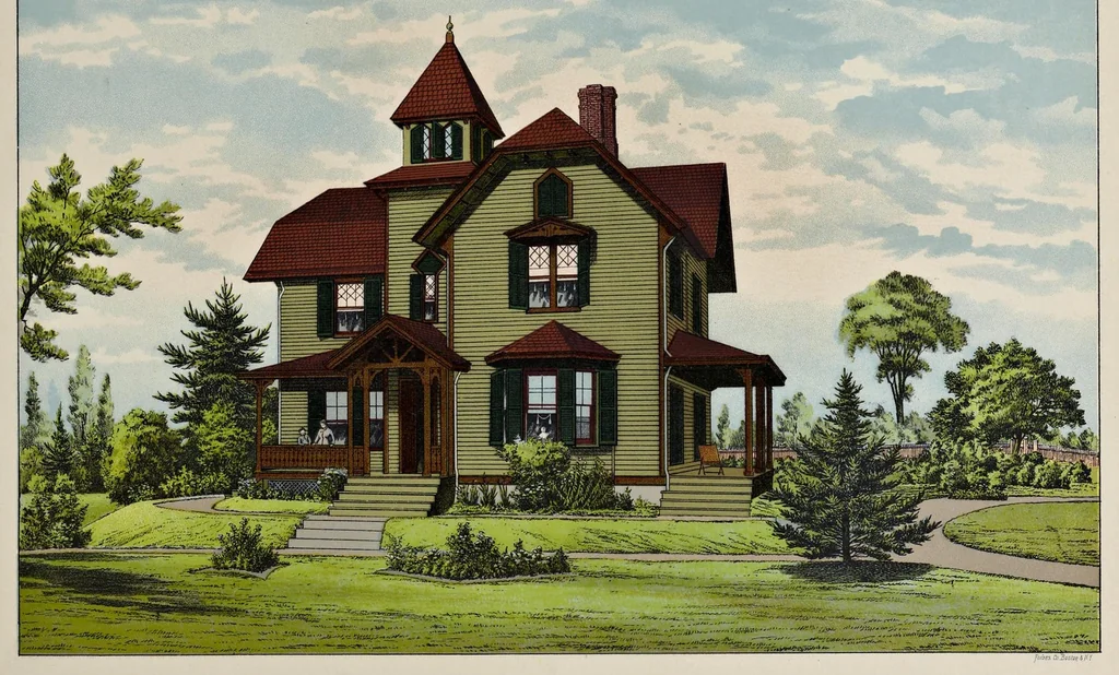 An illustration from Exterior decoration : a treatise on the artistic use of colors in the ornamentation of buildings and a series of designs, illustrating the effects of different combinations of colors in connection with various styles of architecture, 1885, leaf 50