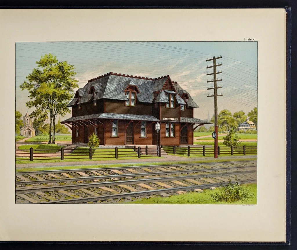 An illustration from Exterior decoration : a treatise on the artistic use of colors in the ornamentation of buildings and a series of designs, illustrating the effects of different combinations of colors in connection with various styles of architecture, 1885, leaf 58