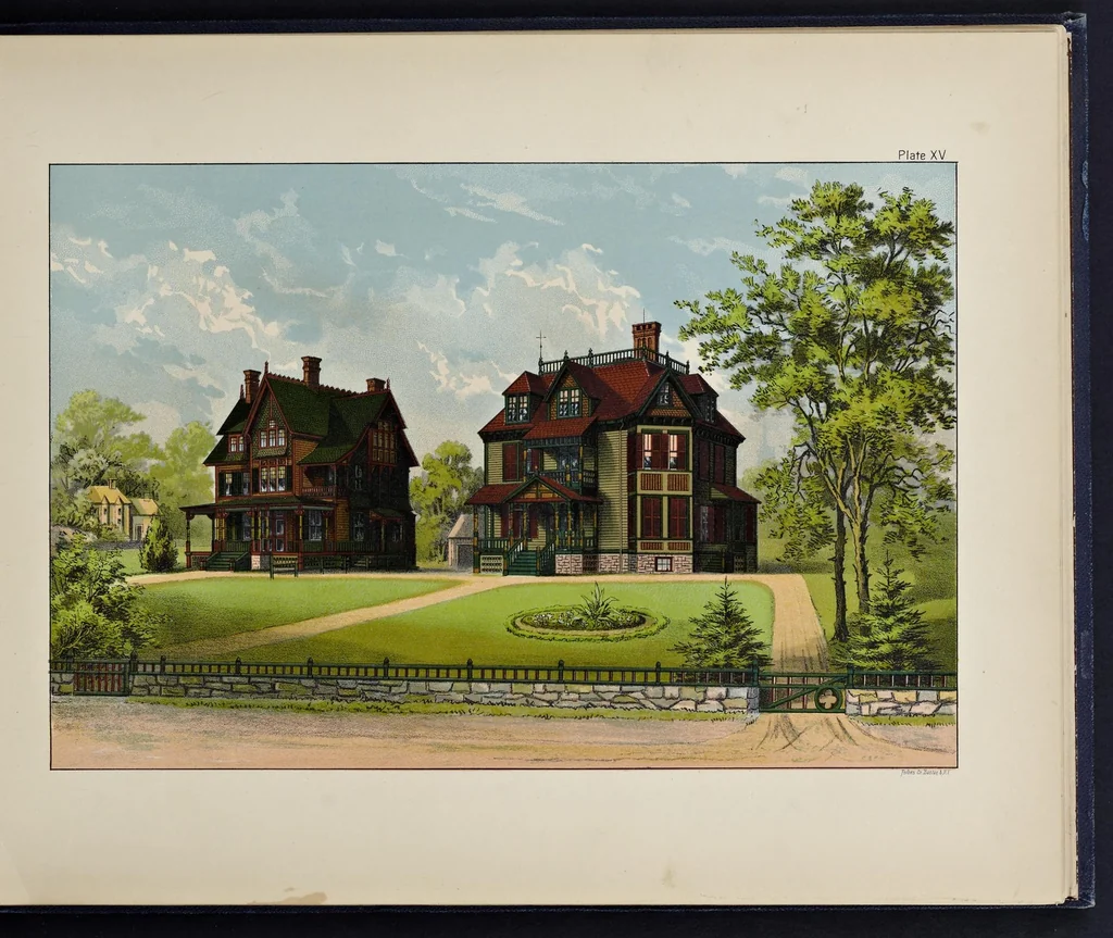 An illustration from Exterior decoration : a treatise on the artistic use of colors in the ornamentation of buildings and a series of designs, illustrating the effects of different combinations of colors in connection with various styles of architecture, 1885, leaf 74