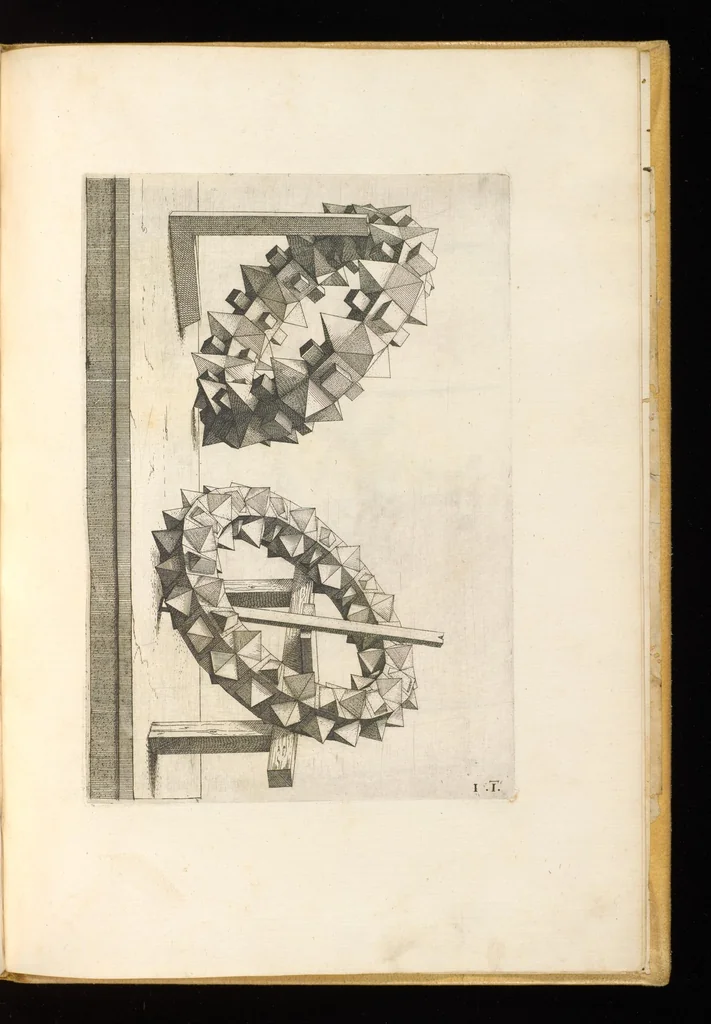 An illustration from Perspectiua corporum regularium : das ist, ein fleyssige Fürweysung, wie die fünff regulirten Cörper, daruon Plato inn Timaeo, vnnd Euclides inn sein Elementis schreibt, &c.; durch einen sonderlichen, newen, behenden vnd gerechten Weg, der vor nie im Gebrauch ist gesehen worden, gar künstlich inn die Perspectiua gebracht : vnd darzu ein schöne Anleytung, wie auss denselbigen fünff Cörpern one Endt, gar viel andere Cörper, mancherley Art vnd Gestalt, gemacht unnd gefunden werden mügen : allen Liebhabern der freyen Kunst zu Ehrn / ǂc durch Wentzeln Jamnitzer, burgern vnd Goldtschmid in Nürmberg, mit Götlicher Hülff an Tag geben &c, 1568, leaf 104