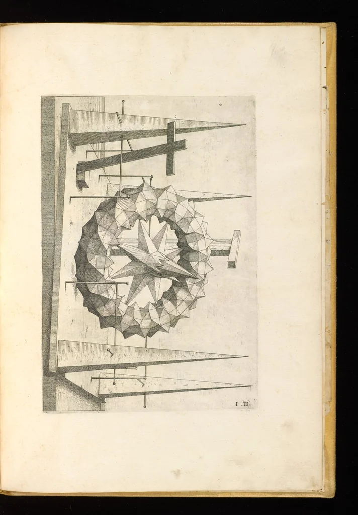 An illustration from Perspectiua corporum regularium : das ist, ein fleyssige Fürweysung, wie die fünff regulirten Cörper, daruon Plato inn Timaeo, vnnd Euclides inn sein Elementis schreibt, &c.; durch einen sonderlichen, newen, behenden vnd gerechten Weg, der vor nie im Gebrauch ist gesehen worden, gar künstlich inn die Perspectiua gebracht : vnd darzu ein schöne Anleytung, wie auss denselbigen fünff Cörpern one Endt, gar viel andere Cörper, mancherley Art vnd Gestalt, gemacht unnd gefunden werden mügen : allen Liebhabern der freyen Kunst zu Ehrn / ǂc durch Wentzeln Jamnitzer, burgern vnd Goldtschmid in Nürmberg, mit Götlicher Hülff an Tag geben &c, 1568, leaf 106