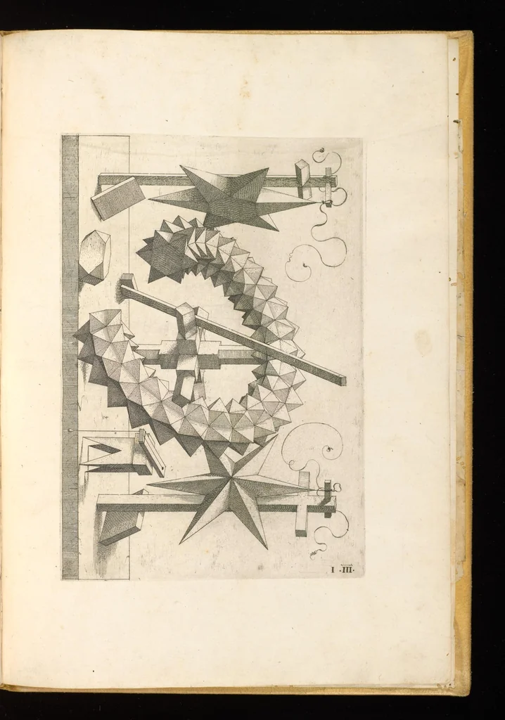 An illustration from Perspectiua corporum regularium : das ist, ein fleyssige Fürweysung, wie die fünff regulirten Cörper, daruon Plato inn Timaeo, vnnd Euclides inn sein Elementis schreibt, &c.; durch einen sonderlichen, newen, behenden vnd gerechten Weg, der vor nie im Gebrauch ist gesehen worden, gar künstlich inn die Perspectiua gebracht : vnd darzu ein schöne Anleytung, wie auss denselbigen fünff Cörpern one Endt, gar viel andere Cörper, mancherley Art vnd Gestalt, gemacht unnd gefunden werden mügen : allen Liebhabern der freyen Kunst zu Ehrn / ǂc durch Wentzeln Jamnitzer, burgern vnd Goldtschmid in Nürmberg, mit Götlicher Hülff an Tag geben &c, 1568, leaf 108