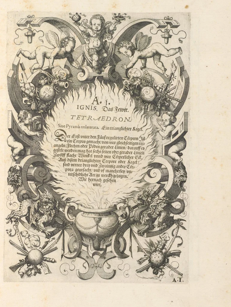 An illustration from Perspectiua corporum regularium : das ist, ein fleyssige Fürweysung, wie die fünff regulirten Cörper, daruon Plato inn Timaeo, vnnd Euclides inn sein Elementis schreibt, &c.; durch einen sonderlichen, newen, behenden vnd gerechten Weg, der vor nie im Gebrauch ist gesehen worden, gar künstlich inn die Perspectiua gebracht : vnd darzu ein schöne Anleytung, wie auss denselbigen fünff Cörpern one Endt, gar viel andere Cörper, mancherley Art vnd Gestalt, gemacht unnd gefunden werden mügen : allen Liebhabern der freyen Kunst zu Ehrn / ǂc durch Wentzeln Jamnitzer, burgern vnd Goldtschmid in Nürmberg, mit Götlicher Hülff an Tag geben &c, 1568, leaf 12