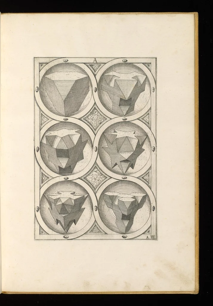 An illustration from Perspectiua corporum regularium : das ist, ein fleyssige Fürweysung, wie die fünff regulirten Cörper, daruon Plato inn Timaeo, vnnd Euclides inn sein Elementis schreibt, &c.; durch einen sonderlichen, newen, behenden vnd gerechten Weg, der vor nie im Gebrauch ist gesehen worden, gar künstlich inn die Perspectiua gebracht : vnd darzu ein schöne Anleytung, wie auss denselbigen fünff Cörpern one Endt, gar viel andere Cörper, mancherley Art vnd Gestalt, gemacht unnd gefunden werden mügen : allen Liebhabern der freyen Kunst zu Ehrn / ǂc durch Wentzeln Jamnitzer, burgern vnd Goldtschmid in Nürmberg, mit Götlicher Hülff an Tag geben &c, 1568, leaf 16