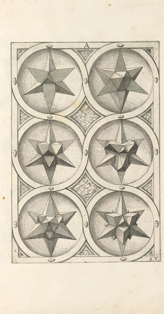 An illustration from Perspectiua corporum regularium : das ist, ein fleyssige Fürweysung, wie die fünff regulirten Cörper, daruon Plato inn Timaeo, vnnd Euclides inn sein Elementis schreibt, &c.; durch einen sonderlichen, newen, behenden vnd gerechten Weg, der vor nie im Gebrauch ist gesehen worden, gar künstlich inn die Perspectiua gebracht : vnd darzu ein schöne Anleytung, wie auss denselbigen fünff Cörpern one Endt, gar viel andere Cörper, mancherley Art vnd Gestalt, gemacht unnd gefunden werden mügen : allen Liebhabern der freyen Kunst zu Ehrn / ǂc durch Wentzeln Jamnitzer, burgern vnd Goldtschmid in Nürmberg, mit Götlicher Hülff an Tag geben &c, 1568, leaf 20