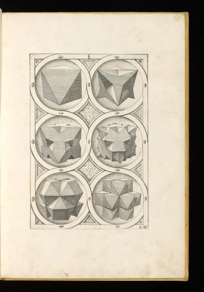 An illustration from Perspectiua corporum regularium : das ist, ein fleyssige Fürweysung, wie die fünff regulirten Cörper, daruon Plato inn Timaeo, vnnd Euclides inn sein Elementis schreibt, &c.; durch einen sonderlichen, newen, behenden vnd gerechten Weg, der vor nie im Gebrauch ist gesehen worden, gar künstlich inn die Perspectiua gebracht : vnd darzu ein schöne Anleytung, wie auss denselbigen fünff Cörpern one Endt, gar viel andere Cörper, mancherley Art vnd Gestalt, gemacht unnd gefunden werden mügen : allen Liebhabern der freyen Kunst zu Ehrn / ǂc durch Wentzeln Jamnitzer, burgern vnd Goldtschmid in Nürmberg, mit Götlicher Hülff an Tag geben &c, 1568, leaf 28