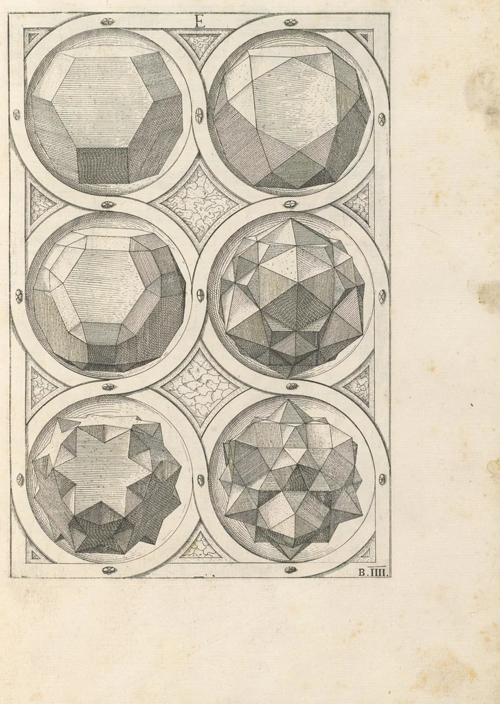 An illustration from Perspectiua corporum regularium : das ist, ein fleyssige Fürweysung, wie die fünff regulirten Cörper, daruon Plato inn Timaeo, vnnd Euclides inn sein Elementis schreibt, &c.; durch einen sonderlichen, newen, behenden vnd gerechten Weg, der vor nie im Gebrauch ist gesehen worden, gar künstlich inn die Perspectiua gebracht : vnd darzu ein schöne Anleytung, wie auss denselbigen fünff Cörpern one Endt, gar viel andere Cörper, mancherley Art vnd Gestalt, gemacht unnd gefunden werden mügen : allen Liebhabern der freyen Kunst zu Ehrn / ǂc durch Wentzeln Jamnitzer, burgern vnd Goldtschmid in Nürmberg, mit Götlicher Hülff an Tag geben &c, 1568, leaf 30