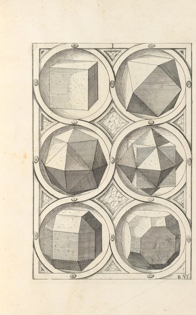 An illustration from Perspectiua corporum regularium : das ist, ein fleyssige Fürweysung, wie die fünff regulirten Cörper, daruon Plato inn Timaeo, vnnd Euclides inn sein Elementis schreibt, &c.; durch einen sonderlichen, newen, behenden vnd gerechten Weg, der vor nie im Gebrauch ist gesehen worden, gar künstlich inn die Perspectiua gebracht : vnd darzu ein schöne Anleytung, wie auss denselbigen fünff Cörpern one Endt, gar viel andere Cörper, mancherley Art vnd Gestalt, gemacht unnd gefunden werden mügen : allen Liebhabern der freyen Kunst zu Ehrn / ǂc durch Wentzeln Jamnitzer, burgern vnd Goldtschmid in Nürmberg, mit Götlicher Hülff an Tag geben &c, 1568, leaf 34
