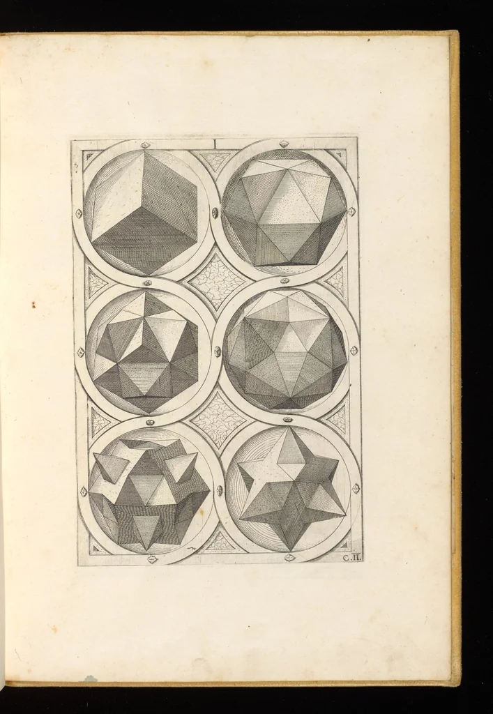 An illustration from Perspectiua corporum regularium : das ist, ein fleyssige Fürweysung, wie die fünff regulirten Cörper, daruon Plato inn Timaeo, vnnd Euclides inn sein Elementis schreibt, &c.; durch einen sonderlichen, newen, behenden vnd gerechten Weg, der vor nie im Gebrauch ist gesehen worden, gar künstlich inn die Perspectiua gebracht : vnd darzu ein schöne Anleytung, wie auss denselbigen fünff Cörpern one Endt, gar viel andere Cörper, mancherley Art vnd Gestalt, gemacht unnd gefunden werden mügen : allen Liebhabern der freyen Kunst zu Ehrn / ǂc durch Wentzeln Jamnitzer, burgern vnd Goldtschmid in Nürmberg, mit Götlicher Hülff an Tag geben &c, 1568, leaf 38