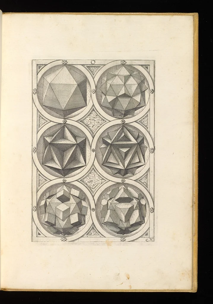 An illustration from Perspectiua corporum regularium : das ist, ein fleyssige Fürweysung, wie die fünff regulirten Cörper, daruon Plato inn Timaeo, vnnd Euclides inn sein Elementis schreibt, &c.; durch einen sonderlichen, newen, behenden vnd gerechten Weg, der vor nie im Gebrauch ist gesehen worden, gar künstlich inn die Perspectiua gebracht : vnd darzu ein schöne Anleytung, wie auss denselbigen fünff Cörpern one Endt, gar viel andere Cörper, mancherley Art vnd Gestalt, gemacht unnd gefunden werden mügen : allen Liebhabern der freyen Kunst zu Ehrn / ǂc durch Wentzeln Jamnitzer, burgern vnd Goldtschmid in Nürmberg, mit Götlicher Hülff an Tag geben &c, 1568, leaf 44