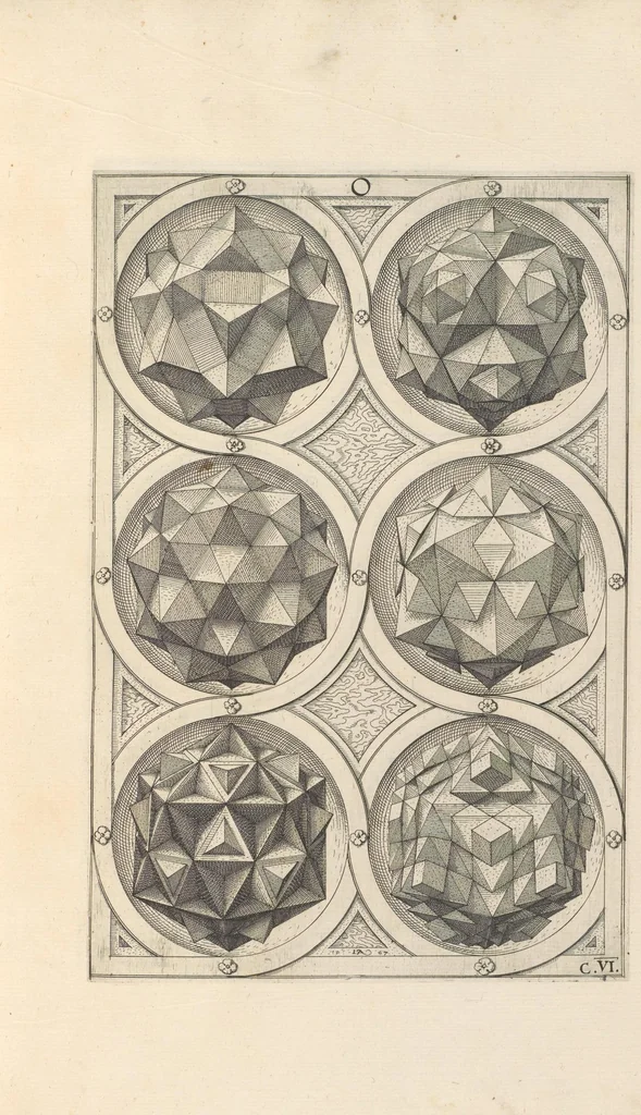 An illustration from Perspectiua corporum regularium : das ist, ein fleyssige Fürweysung, wie die fünff regulirten Cörper, daruon Plato inn Timaeo, vnnd Euclides inn sein Elementis schreibt, &c.; durch einen sonderlichen, newen, behenden vnd gerechten Weg, der vor nie im Gebrauch ist gesehen worden, gar künstlich inn die Perspectiua gebracht : vnd darzu ein schöne Anleytung, wie auss denselbigen fünff Cörpern one Endt, gar viel andere Cörper, mancherley Art vnd Gestalt, gemacht unnd gefunden werden mügen : allen Liebhabern der freyen Kunst zu Ehrn / ǂc durch Wentzeln Jamnitzer, burgern vnd Goldtschmid in Nürmberg, mit Götlicher Hülff an Tag geben &c, 1568, leaf 46