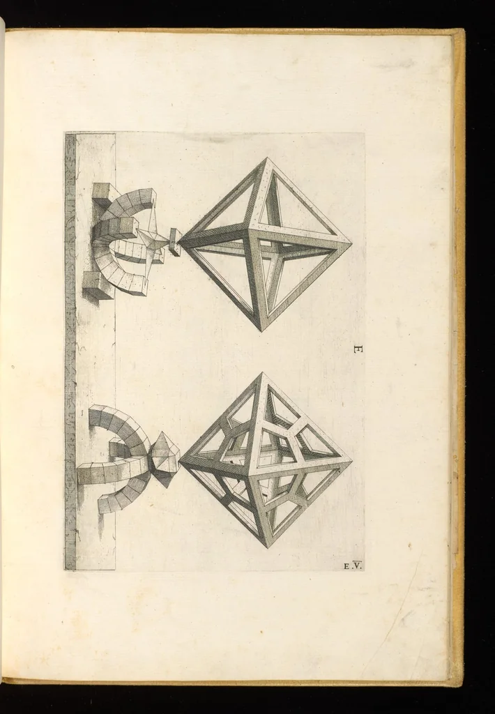 An illustration from Perspectiua corporum regularium : das ist, ein fleyssige Fürweysung, wie die fünff regulirten Cörper, daruon Plato inn Timaeo, vnnd Euclides inn sein Elementis schreibt, &c.; durch einen sonderlichen, newen, behenden vnd gerechten Weg, der vor nie im Gebrauch ist gesehen worden, gar künstlich inn die Perspectiua gebracht : vnd darzu ein schöne Anleytung, wie auss denselbigen fünff Cörpern one Endt, gar viel andere Cörper, mancherley Art vnd Gestalt, gemacht unnd gefunden werden mügen : allen Liebhabern der freyen Kunst zu Ehrn / ǂc durch Wentzeln Jamnitzer, burgern vnd Goldtschmid in Nürmberg, mit Götlicher Hülff an Tag geben &c, 1568, leaf 68