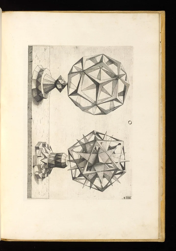 An illustration from Perspectiua corporum regularium : das ist, ein fleyssige Fürweysung, wie die fünff regulirten Cörper, daruon Plato inn Timaeo, vnnd Euclides inn sein Elementis schreibt, &c.; durch einen sonderlichen, newen, behenden vnd gerechten Weg, der vor nie im Gebrauch ist gesehen worden, gar künstlich inn die Perspectiua gebracht : vnd darzu ein schöne Anleytung, wie auss denselbigen fünff Cörpern one Endt, gar viel andere Cörper, mancherley Art vnd Gestalt, gemacht unnd gefunden werden mügen : allen Liebhabern der freyen Kunst zu Ehrn / ǂc durch Wentzeln Jamnitzer, burgern vnd Goldtschmid in Nürmberg, mit Götlicher Hülff an Tag geben &c, 1568, leaf 78