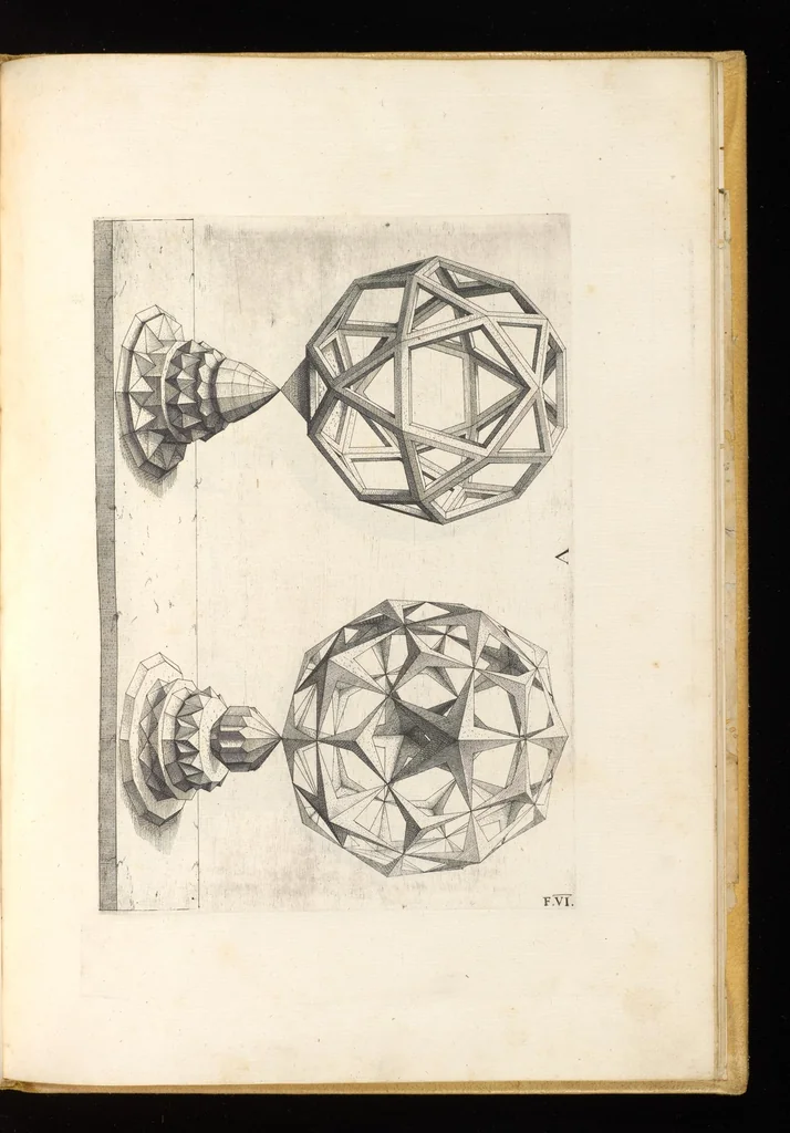 An illustration from Perspectiua corporum regularium : das ist, ein fleyssige Fürweysung, wie die fünff regulirten Cörper, daruon Plato inn Timaeo, vnnd Euclides inn sein Elementis schreibt, &c.; durch einen sonderlichen, newen, behenden vnd gerechten Weg, der vor nie im Gebrauch ist gesehen worden, gar künstlich inn die Perspectiua gebracht : vnd darzu ein schöne Anleytung, wie auss denselbigen fünff Cörpern one Endt, gar viel andere Cörper, mancherley Art vnd Gestalt, gemacht unnd gefunden werden mügen : allen Liebhabern der freyen Kunst zu Ehrn / ǂc durch Wentzeln Jamnitzer, burgern vnd Goldtschmid in Nürmberg, mit Götlicher Hülff an Tag geben &c, 1568, leaf 82