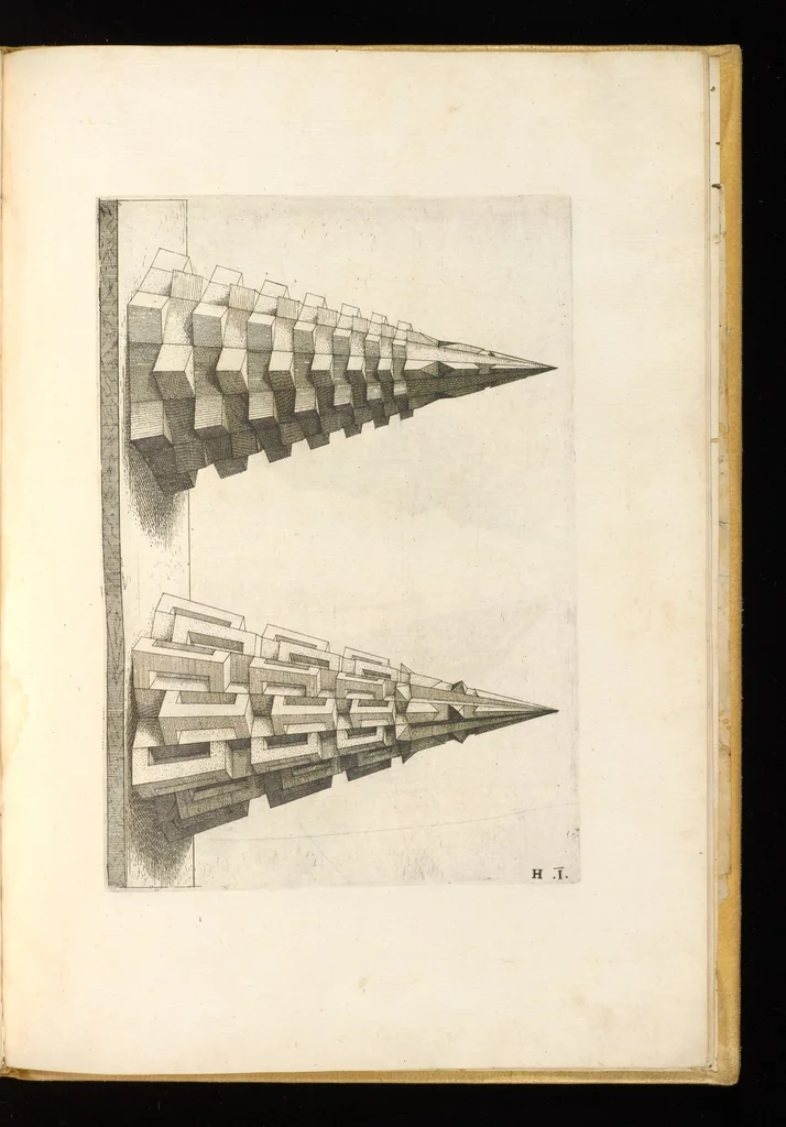 An illustration from Perspectiua corporum regularium : das ist, ein fleyssige Fürweysung, wie die fünff regulirten Cörper, daruon Plato inn Timaeo, vnnd Euclides inn sein Elementis schreibt, &c.; durch einen sonderlichen, newen, behenden vnd gerechten Weg, der vor nie im Gebrauch ist gesehen worden, gar künstlich inn die Perspectiua gebracht : vnd darzu ein schöne Anleytung, wie auss denselbigen fünff Cörpern one Endt, gar viel andere Cörper, mancherley Art vnd Gestalt, gemacht unnd gefunden werden mügen : allen Liebhabern der freyen Kunst zu Ehrn / ǂc durch Wentzeln Jamnitzer, burgern vnd Goldtschmid in Nürmberg, mit Götlicher Hülff an Tag geben &c, 1568, leaf 96