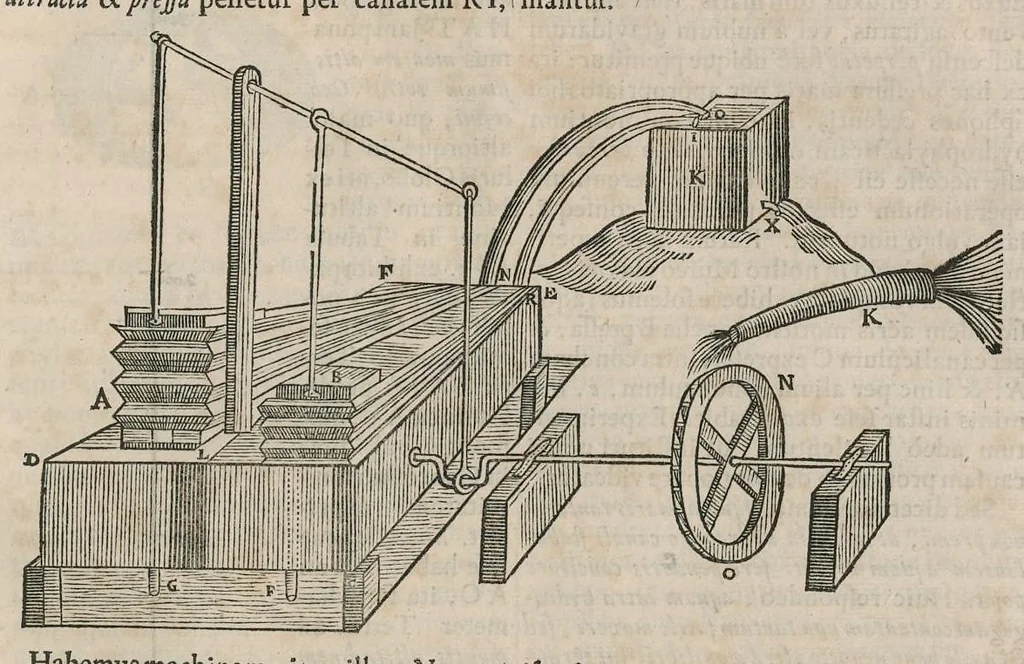 An illustration from Athanasii Kircheri e Soc. Jesu Mundus subterraneus : in XII libros digestus; quo divinum subterrestris mundi opificium, mira ergasteriorum naturae in eo distributio, verbo Pantamorphon [Greek work romanized] Protei regnum, universae denique naturae majestas & divitiae summa rerum varietate exponuntur, abditorum effectuum causae acri indagine inquisitae demonstrantur, cognitae per artis & naturae conjugium ad humanae vitae necessarium usum vario experimentorum apparatu, necnon novo modo & ratione applicantur, 1678, leaf 326