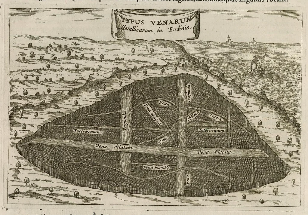 An illustration from Athanasii Kircheri e Soc. Jesu Mundus subterraneus : in XII libros digestus; quo divinum subterrestris mundi opificium, mira ergasteriorum naturae in eo distributio, verbo Pantamorphon [Greek work romanized] Protei regnum, universae denique naturae majestas & divitiae summa rerum varietate exponuntur, abditorum effectuum causae acri indagine inquisitae demonstrantur, cognitae per artis & naturae conjugium ad humanae vitae necessarium usum vario experimentorum apparatu, necnon novo modo & ratione applicantur, 1678, leaf 661