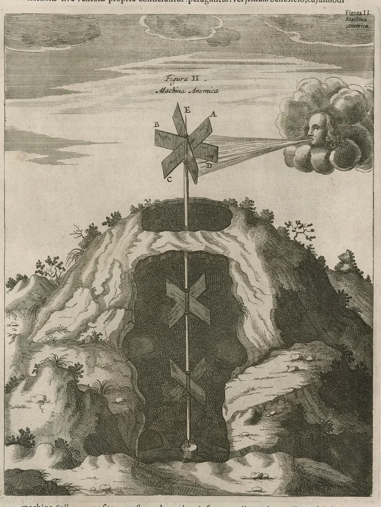 An illustration from Athanasii Kircheri e Soc. Jesu Mundus subterraneus : in XII libros digestus; quo divinum subterrestris mundi opificium, mira ergasteriorum naturae in eo distributio, verbo Pantamorphon [Greek work romanized] Protei regnum, universae denique naturae majestas & divitiae summa rerum varietate exponuntur, abditorum effectuum causae acri indagine inquisitae demonstrantur, cognitae per artis & naturae conjugium ad humanae vitae necessarium usum vario experimentorum apparatu, necnon novo modo & ratione applicantur, 1678, leaf 674