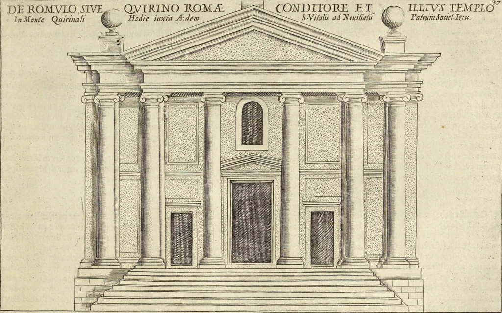 An illustration from Splendore dell'antica e moderna Roma : nel qvale si rappresentano tutti i principali tempii, teatri, anfiteatri, cerchi, naumachie, archi trionfali, obelischi, palagii, terme, curie, basiliche, fatti delli ré, consoli, dittatori, & imperadori romani : dignità ciuili, e militari, ordine de' trionfi, nomi di tutti i trionfanti, sacrificio militare; colonna Traiana, colonna Antonina, colonna milliaria, colonna rostrata, & colonna bellica; con li più segnalati giardini de gli antichi, e moderni Romani & altre cose notabili, con fatti, & imprese di quelli, da'quali sono stati eretti, e dedicati. : et in questa vltima impressione abbellito di molti disegni antichi, e moderni; & aggiuntoui le descrittioni delle figure cauate dall'antichi medaglie de gl'imperadori, in quatto linguagi latino, italiano, tedesco, e francese, per vtilità commune, 1641, leaf 100