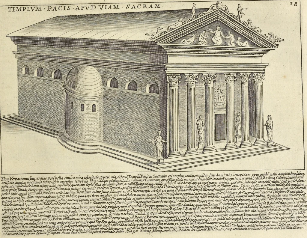 An illustration from Splendore dell'antica e moderna Roma : nel qvale si rappresentano tutti i principali tempii, teatri, anfiteatri, cerchi, naumachie, archi trionfali, obelischi, palagii, terme, curie, basiliche, fatti delli ré, consoli, dittatori, & imperadori romani : dignità ciuili, e militari, ordine de' trionfi, nomi di tutti i trionfanti, sacrificio militare; colonna Traiana, colonna Antonina, colonna milliaria, colonna rostrata, & colonna bellica; con li più segnalati giardini de gli antichi, e moderni Romani & altre cose notabili, con fatti, & imprese di quelli, da'quali sono stati eretti, e dedicati. : et in questa vltima impressione abbellito di molti disegni antichi, e moderni; & aggiuntoui le descrittioni delle figure cauate dall'antichi medaglie de gl'imperadori, in quatto linguagi latino, italiano, tedesco, e francese, per vtilità commune, 1641, leaf 102