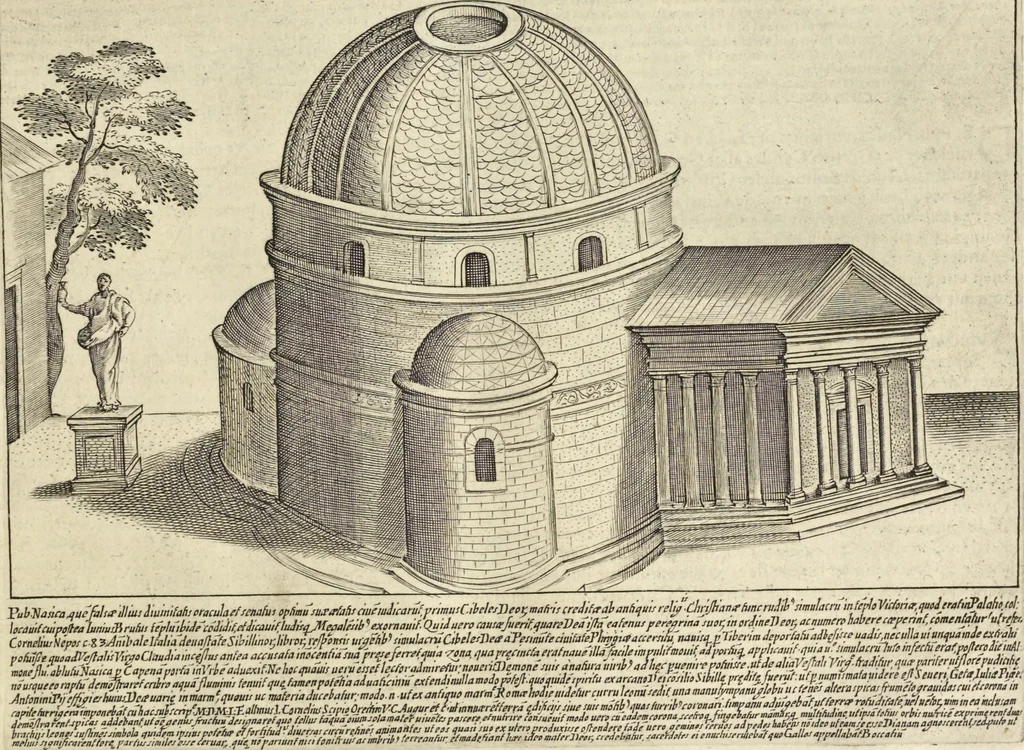 An illustration from Splendore dell'antica e moderna Roma : nel qvale si rappresentano tutti i principali tempii, teatri, anfiteatri, cerchi, naumachie, archi trionfali, obelischi, palagii, terme, curie, basiliche, fatti delli ré, consoli, dittatori, & imperadori romani : dignità ciuili, e militari, ordine de' trionfi, nomi di tutti i trionfanti, sacrificio militare; colonna Traiana, colonna Antonina, colonna milliaria, colonna rostrata, & colonna bellica; con li più segnalati giardini de gli antichi, e moderni Romani & altre cose notabili, con fatti, & imprese di quelli, da'quali sono stati eretti, e dedicati. : et in questa vltima impressione abbellito di molti disegni antichi, e moderni; & aggiuntoui le descrittioni delle figure cauate dall'antichi medaglie de gl'imperadori, in quatto linguagi latino, italiano, tedesco, e francese, per vtilità commune, 1641, leaf 104