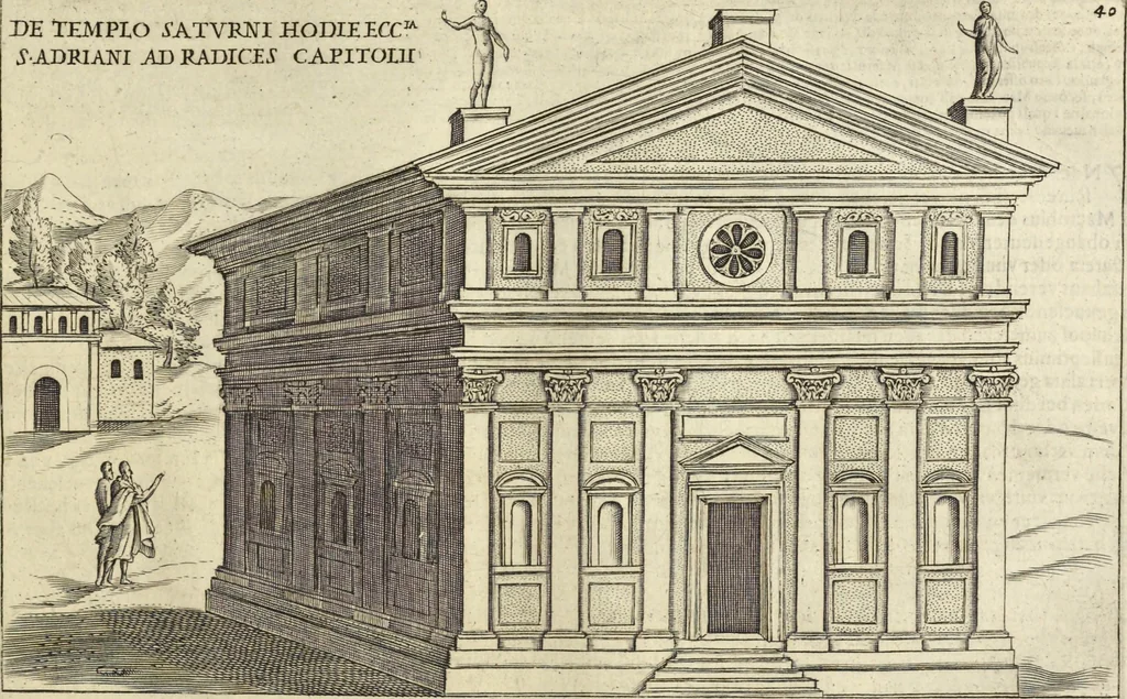 An illustration from Splendore dell'antica e moderna Roma : nel qvale si rappresentano tutti i principali tempii, teatri, anfiteatri, cerchi, naumachie, archi trionfali, obelischi, palagii, terme, curie, basiliche, fatti delli ré, consoli, dittatori, & imperadori romani : dignità ciuili, e militari, ordine de' trionfi, nomi di tutti i trionfanti, sacrificio militare; colonna Traiana, colonna Antonina, colonna milliaria, colonna rostrata, & colonna bellica; con li più segnalati giardini de gli antichi, e moderni Romani & altre cose notabili, con fatti, & imprese di quelli, da'quali sono stati eretti, e dedicati. : et in questa vltima impressione abbellito di molti disegni antichi, e moderni; & aggiuntoui le descrittioni delle figure cauate dall'antichi medaglie de gl'imperadori, in quatto linguagi latino, italiano, tedesco, e francese, per vtilità commune, 1641, leaf 106
