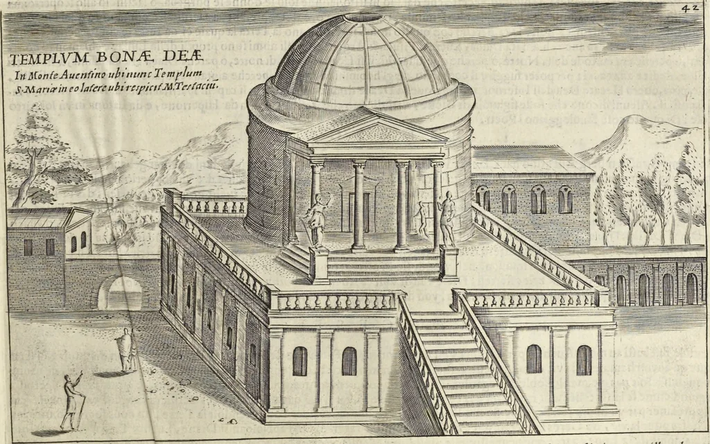 An illustration from Splendore dell'antica e moderna Roma : nel qvale si rappresentano tutti i principali tempii, teatri, anfiteatri, cerchi, naumachie, archi trionfali, obelischi, palagii, terme, curie, basiliche, fatti delli ré, consoli, dittatori, & imperadori romani : dignità ciuili, e militari, ordine de' trionfi, nomi di tutti i trionfanti, sacrificio militare; colonna Traiana, colonna Antonina, colonna milliaria, colonna rostrata, & colonna bellica; con li più segnalati giardini de gli antichi, e moderni Romani & altre cose notabili, con fatti, & imprese di quelli, da'quali sono stati eretti, e dedicati. : et in questa vltima impressione abbellito di molti disegni antichi, e moderni; & aggiuntoui le descrittioni delle figure cauate dall'antichi medaglie de gl'imperadori, in quatto linguagi latino, italiano, tedesco, e francese, per vtilità commune, 1641, leaf 110