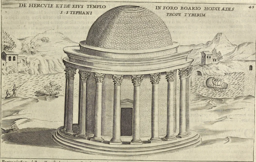 An illustration from Splendore dell'antica e moderna Roma : nel qvale si rappresentano tutti i principali tempii, teatri, anfiteatri, cerchi, naumachie, archi trionfali, obelischi, palagii, terme, curie, basiliche, fatti delli ré, consoli, dittatori, & imperadori romani : dignità ciuili, e militari, ordine de' trionfi, nomi di tutti i trionfanti, sacrificio militare; colonna Traiana, colonna Antonina, colonna milliaria, colonna rostrata, & colonna bellica; con li più segnalati giardini de gli antichi, e moderni Romani & altre cose notabili, con fatti, & imprese di quelli, da'quali sono stati eretti, e dedicati. : et in questa vltima impressione abbellito di molti disegni antichi, e moderni; & aggiuntoui le descrittioni delle figure cauate dall'antichi medaglie de gl'imperadori, in quatto linguagi latino, italiano, tedesco, e francese, per vtilità commune, 1641, leaf 112