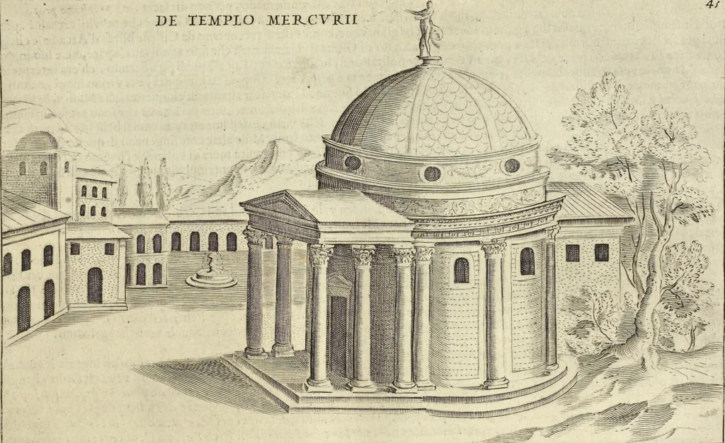 An illustration from Splendore dell'antica e moderna Roma : nel qvale si rappresentano tutti i principali tempii, teatri, anfiteatri, cerchi, naumachie, archi trionfali, obelischi, palagii, terme, curie, basiliche, fatti delli ré, consoli, dittatori, & imperadori romani : dignità ciuili, e militari, ordine de' trionfi, nomi di tutti i trionfanti, sacrificio militare; colonna Traiana, colonna Antonina, colonna milliaria, colonna rostrata, & colonna bellica; con li più segnalati giardini de gli antichi, e moderni Romani & altre cose notabili, con fatti, & imprese di quelli, da'quali sono stati eretti, e dedicati. : et in questa vltima impressione abbellito di molti disegni antichi, e moderni; & aggiuntoui le descrittioni delle figure cauate dall'antichi medaglie de gl'imperadori, in quatto linguagi latino, italiano, tedesco, e francese, per vtilità commune, 1641, leaf 116