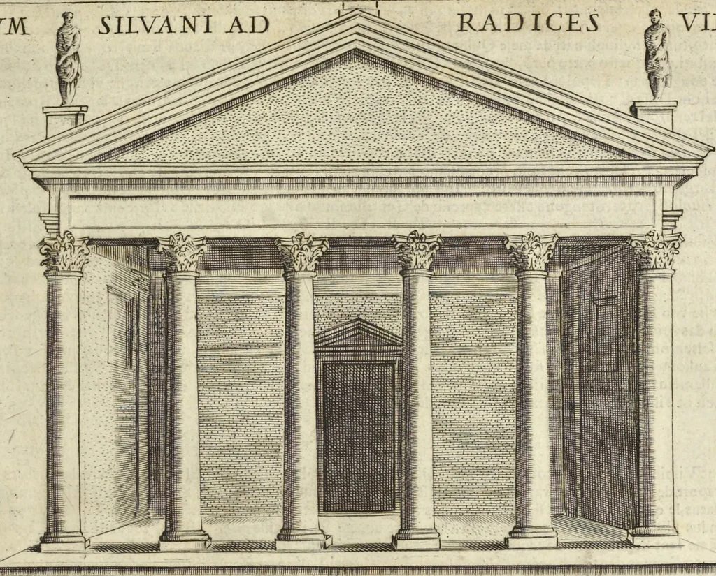 An illustration from Splendore dell'antica e moderna Roma : nel qvale si rappresentano tutti i principali tempii, teatri, anfiteatri, cerchi, naumachie, archi trionfali, obelischi, palagii, terme, curie, basiliche, fatti delli ré, consoli, dittatori, & imperadori romani : dignità ciuili, e militari, ordine de' trionfi, nomi di tutti i trionfanti, sacrificio militare; colonna Traiana, colonna Antonina, colonna milliaria, colonna rostrata, & colonna bellica; con li più segnalati giardini de gli antichi, e moderni Romani & altre cose notabili, con fatti, & imprese di quelli, da'quali sono stati eretti, e dedicati. : et in questa vltima impressione abbellito di molti disegni antichi, e moderni; & aggiuntoui le descrittioni delle figure cauate dall'antichi medaglie de gl'imperadori, in quatto linguagi latino, italiano, tedesco, e francese, per vtilità commune, 1641, leaf 118