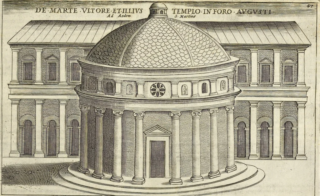 An illustration from Splendore dell'antica e moderna Roma : nel qvale si rappresentano tutti i principali tempii, teatri, anfiteatri, cerchi, naumachie, archi trionfali, obelischi, palagii, terme, curie, basiliche, fatti delli ré, consoli, dittatori, & imperadori romani : dignità ciuili, e militari, ordine de' trionfi, nomi di tutti i trionfanti, sacrificio militare; colonna Traiana, colonna Antonina, colonna milliaria, colonna rostrata, & colonna bellica; con li più segnalati giardini de gli antichi, e moderni Romani & altre cose notabili, con fatti, & imprese di quelli, da'quali sono stati eretti, e dedicati. : et in questa vltima impressione abbellito di molti disegni antichi, e moderni; & aggiuntoui le descrittioni delle figure cauate dall'antichi medaglie de gl'imperadori, in quatto linguagi latino, italiano, tedesco, e francese, per vtilità commune, 1641, leaf 120