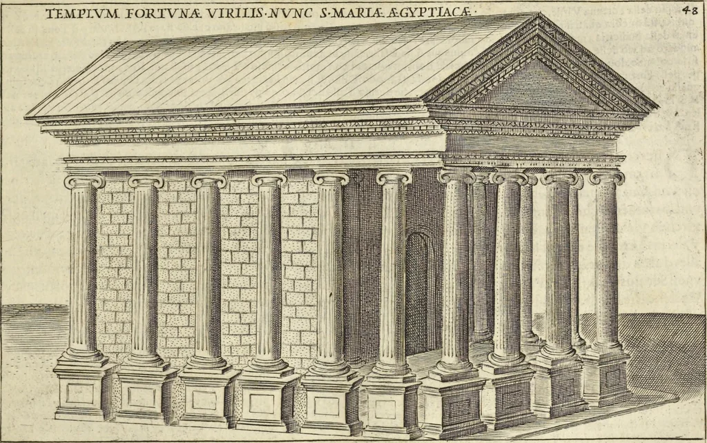 An illustration from Splendore dell'antica e moderna Roma : nel qvale si rappresentano tutti i principali tempii, teatri, anfiteatri, cerchi, naumachie, archi trionfali, obelischi, palagii, terme, curie, basiliche, fatti delli ré, consoli, dittatori, & imperadori romani : dignità ciuili, e militari, ordine de' trionfi, nomi di tutti i trionfanti, sacrificio militare; colonna Traiana, colonna Antonina, colonna milliaria, colonna rostrata, & colonna bellica; con li più segnalati giardini de gli antichi, e moderni Romani & altre cose notabili, con fatti, & imprese di quelli, da'quali sono stati eretti, e dedicati. : et in questa vltima impressione abbellito di molti disegni antichi, e moderni; & aggiuntoui le descrittioni delle figure cauate dall'antichi medaglie de gl'imperadori, in quatto linguagi latino, italiano, tedesco, e francese, per vtilità commune, 1641, leaf 122