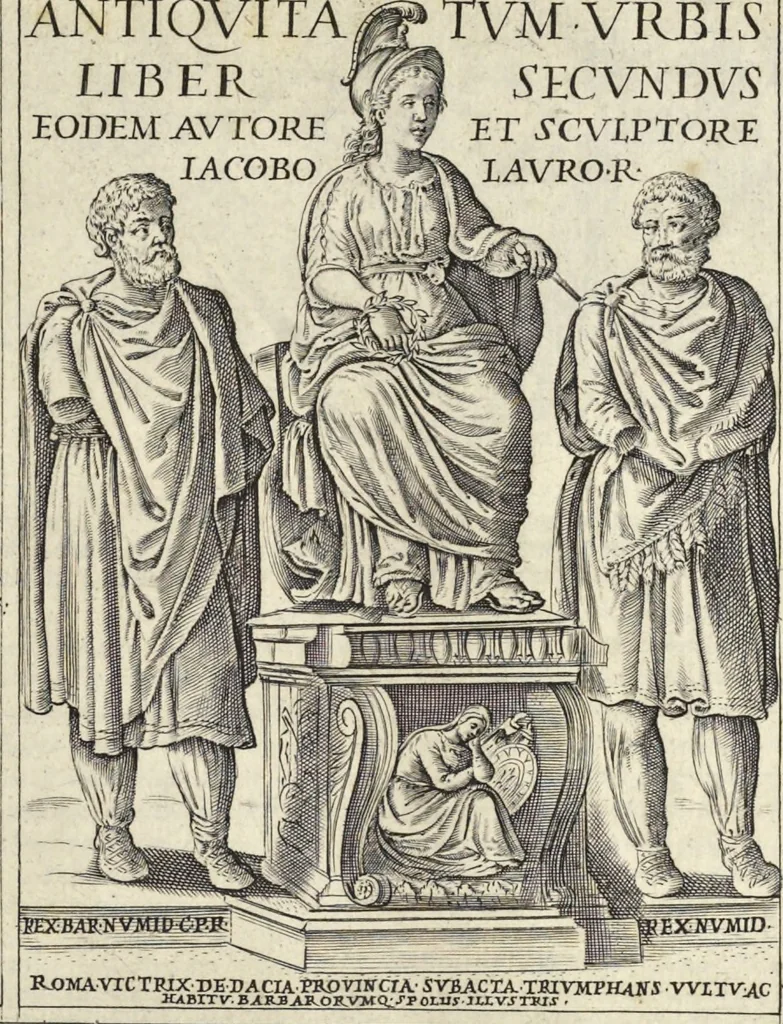 An illustration from Splendore dell'antica e moderna Roma : nel qvale si rappresentano tutti i principali tempii, teatri, anfiteatri, cerchi, naumachie, archi trionfali, obelischi, palagii, terme, curie, basiliche, fatti delli ré, consoli, dittatori, & imperadori romani : dignità ciuili, e militari, ordine de' trionfi, nomi di tutti i trionfanti, sacrificio militare; colonna Traiana, colonna Antonina, colonna milliaria, colonna rostrata, & colonna bellica; con li più segnalati giardini de gli antichi, e moderni Romani & altre cose notabili, con fatti, & imprese di quelli, da'quali sono stati eretti, e dedicati. : et in questa vltima impressione abbellito di molti disegni antichi, e moderni; & aggiuntoui le descrittioni delle figure cauate dall'antichi medaglie de gl'imperadori, in quatto linguagi latino, italiano, tedesco, e francese, per vtilità commune, 1641, leaf 124