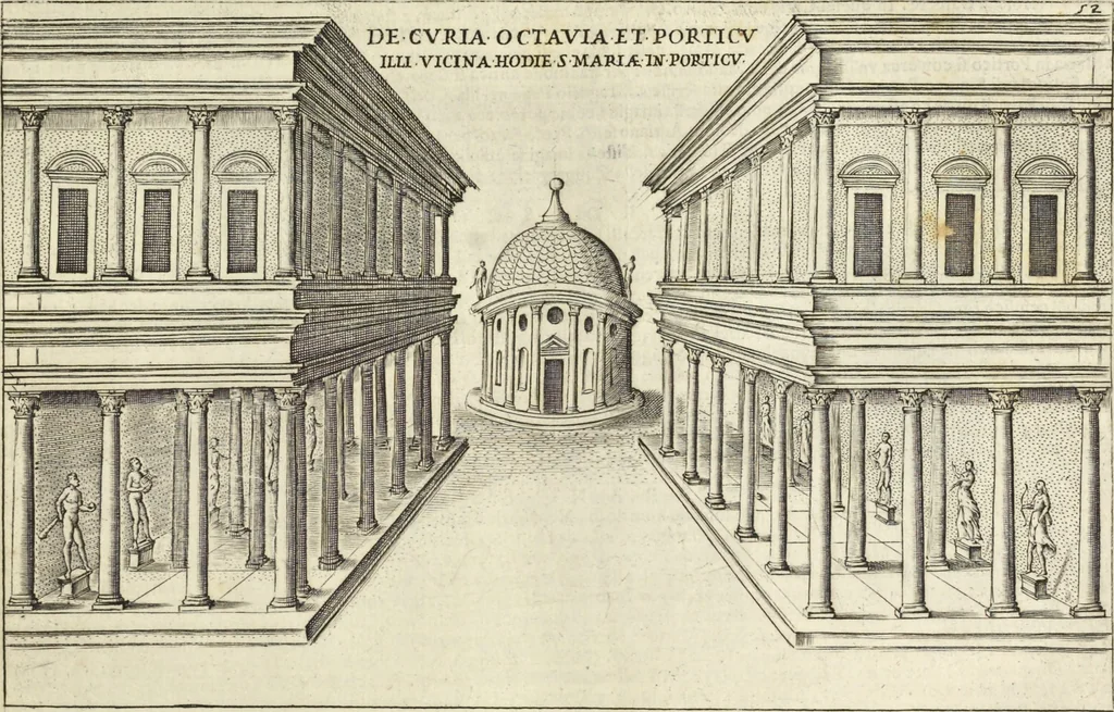 An illustration from Splendore dell'antica e moderna Roma : nel qvale si rappresentano tutti i principali tempii, teatri, anfiteatri, cerchi, naumachie, archi trionfali, obelischi, palagii, terme, curie, basiliche, fatti delli ré, consoli, dittatori, & imperadori romani : dignità ciuili, e militari, ordine de' trionfi, nomi di tutti i trionfanti, sacrificio militare; colonna Traiana, colonna Antonina, colonna milliaria, colonna rostrata, & colonna bellica; con li più segnalati giardini de gli antichi, e moderni Romani & altre cose notabili, con fatti, & imprese di quelli, da'quali sono stati eretti, e dedicati. : et in questa vltima impressione abbellito di molti disegni antichi, e moderni; & aggiuntoui le descrittioni delle figure cauate dall'antichi medaglie de gl'imperadori, in quatto linguagi latino, italiano, tedesco, e francese, per vtilità commune, 1641, leaf 130