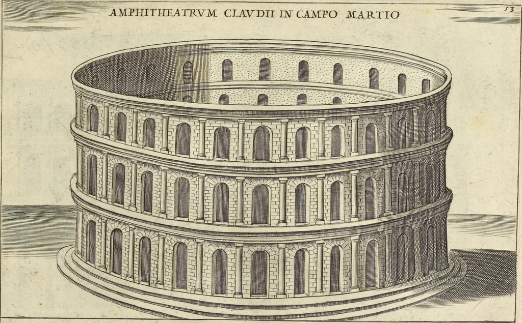 An illustration from Splendore dell'antica e moderna Roma : nel qvale si rappresentano tutti i principali tempii, teatri, anfiteatri, cerchi, naumachie, archi trionfali, obelischi, palagii, terme, curie, basiliche, fatti delli ré, consoli, dittatori, & imperadori romani : dignità ciuili, e militari, ordine de' trionfi, nomi di tutti i trionfanti, sacrificio militare; colonna Traiana, colonna Antonina, colonna milliaria, colonna rostrata, & colonna bellica; con li più segnalati giardini de gli antichi, e moderni Romani & altre cose notabili, con fatti, & imprese di quelli, da'quali sono stati eretti, e dedicati. : et in questa vltima impressione abbellito di molti disegni antichi, e moderni; & aggiuntoui le descrittioni delle figure cauate dall'antichi medaglie de gl'imperadori, in quatto linguagi latino, italiano, tedesco, e francese, per vtilità commune, 1641, leaf 132