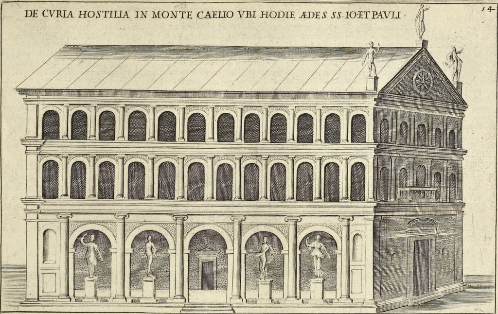 An illustration from Splendore dell'antica e moderna Roma : nel qvale si rappresentano tutti i principali tempii, teatri, anfiteatri, cerchi, naumachie, archi trionfali, obelischi, palagii, terme, curie, basiliche, fatti delli ré, consoli, dittatori, & imperadori romani : dignità ciuili, e militari, ordine de' trionfi, nomi di tutti i trionfanti, sacrificio militare; colonna Traiana, colonna Antonina, colonna milliaria, colonna rostrata, & colonna bellica; con li più segnalati giardini de gli antichi, e moderni Romani & altre cose notabili, con fatti, & imprese di quelli, da'quali sono stati eretti, e dedicati. : et in questa vltima impressione abbellito di molti disegni antichi, e moderni; & aggiuntoui le descrittioni delle figure cauate dall'antichi medaglie de gl'imperadori, in quatto linguagi latino, italiano, tedesco, e francese, per vtilità commune, 1641, leaf 134