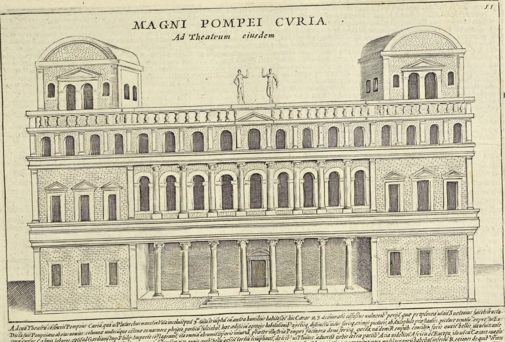 An illustration from Splendore dell'antica e moderna Roma : nel qvale si rappresentano tutti i principali tempii, teatri, anfiteatri, cerchi, naumachie, archi trionfali, obelischi, palagii, terme, curie, basiliche, fatti delli ré, consoli, dittatori, & imperadori romani : dignità ciuili, e militari, ordine de' trionfi, nomi di tutti i trionfanti, sacrificio militare; colonna Traiana, colonna Antonina, colonna milliaria, colonna rostrata, & colonna bellica; con li più segnalati giardini de gli antichi, e moderni Romani & altre cose notabili, con fatti, & imprese di quelli, da'quali sono stati eretti, e dedicati. : et in questa vltima impressione abbellito di molti disegni antichi, e moderni; & aggiuntoui le descrittioni delle figure cauate dall'antichi medaglie de gl'imperadori, in quatto linguagi latino, italiano, tedesco, e francese, per vtilità commune, 1641, leaf 136