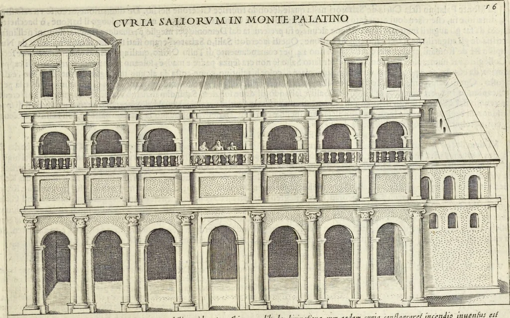 An illustration from Splendore dell'antica e moderna Roma : nel qvale si rappresentano tutti i principali tempii, teatri, anfiteatri, cerchi, naumachie, archi trionfali, obelischi, palagii, terme, curie, basiliche, fatti delli ré, consoli, dittatori, & imperadori romani : dignità ciuili, e militari, ordine de' trionfi, nomi di tutti i trionfanti, sacrificio militare; colonna Traiana, colonna Antonina, colonna milliaria, colonna rostrata, & colonna bellica; con li più segnalati giardini de gli antichi, e moderni Romani & altre cose notabili, con fatti, & imprese di quelli, da'quali sono stati eretti, e dedicati. : et in questa vltima impressione abbellito di molti disegni antichi, e moderni; & aggiuntoui le descrittioni delle figure cauate dall'antichi medaglie de gl'imperadori, in quatto linguagi latino, italiano, tedesco, e francese, per vtilità commune, 1641, leaf 138