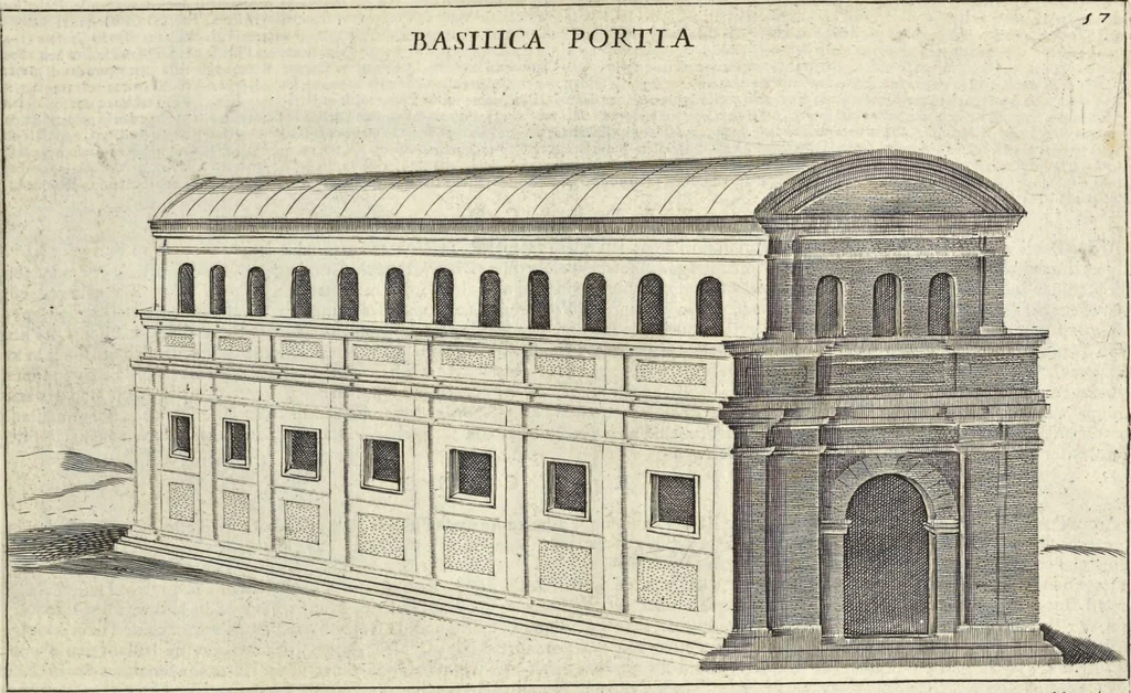 An illustration from Splendore dell'antica e moderna Roma : nel qvale si rappresentano tutti i principali tempii, teatri, anfiteatri, cerchi, naumachie, archi trionfali, obelischi, palagii, terme, curie, basiliche, fatti delli ré, consoli, dittatori, & imperadori romani : dignità ciuili, e militari, ordine de' trionfi, nomi di tutti i trionfanti, sacrificio militare; colonna Traiana, colonna Antonina, colonna milliaria, colonna rostrata, & colonna bellica; con li più segnalati giardini de gli antichi, e moderni Romani & altre cose notabili, con fatti, & imprese di quelli, da'quali sono stati eretti, e dedicati. : et in questa vltima impressione abbellito di molti disegni antichi, e moderni; & aggiuntoui le descrittioni delle figure cauate dall'antichi medaglie de gl'imperadori, in quatto linguagi latino, italiano, tedesco, e francese, per vtilità commune, 1641, leaf 140