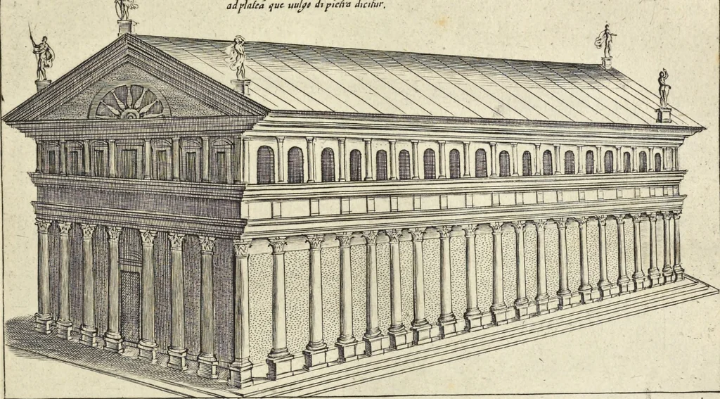 An illustration from Splendore dell'antica e moderna Roma : nel qvale si rappresentano tutti i principali tempii, teatri, anfiteatri, cerchi, naumachie, archi trionfali, obelischi, palagii, terme, curie, basiliche, fatti delli ré, consoli, dittatori, & imperadori romani : dignità ciuili, e militari, ordine de' trionfi, nomi di tutti i trionfanti, sacrificio militare; colonna Traiana, colonna Antonina, colonna milliaria, colonna rostrata, & colonna bellica; con li più segnalati giardini de gli antichi, e moderni Romani & altre cose notabili, con fatti, & imprese di quelli, da'quali sono stati eretti, e dedicati. : et in questa vltima impressione abbellito di molti disegni antichi, e moderni; & aggiuntoui le descrittioni delle figure cauate dall'antichi medaglie de gl'imperadori, in quatto linguagi latino, italiano, tedesco, e francese, per vtilità commune, 1641, leaf 142