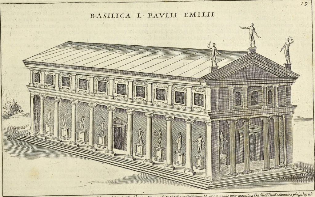 An illustration from Splendore dell'antica e moderna Roma : nel qvale si rappresentano tutti i principali tempii, teatri, anfiteatri, cerchi, naumachie, archi trionfali, obelischi, palagii, terme, curie, basiliche, fatti delli ré, consoli, dittatori, & imperadori romani : dignità ciuili, e militari, ordine de' trionfi, nomi di tutti i trionfanti, sacrificio militare; colonna Traiana, colonna Antonina, colonna milliaria, colonna rostrata, & colonna bellica; con li più segnalati giardini de gli antichi, e moderni Romani & altre cose notabili, con fatti, & imprese di quelli, da'quali sono stati eretti, e dedicati. : et in questa vltima impressione abbellito di molti disegni antichi, e moderni; & aggiuntoui le descrittioni delle figure cauate dall'antichi medaglie de gl'imperadori, in quatto linguagi latino, italiano, tedesco, e francese, per vtilità commune, 1641, leaf 144