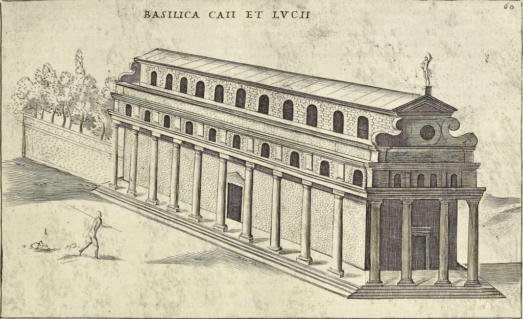 An illustration from Splendore dell'antica e moderna Roma : nel qvale si rappresentano tutti i principali tempii, teatri, anfiteatri, cerchi, naumachie, archi trionfali, obelischi, palagii, terme, curie, basiliche, fatti delli ré, consoli, dittatori, & imperadori romani : dignità ciuili, e militari, ordine de' trionfi, nomi di tutti i trionfanti, sacrificio militare; colonna Traiana, colonna Antonina, colonna milliaria, colonna rostrata, & colonna bellica; con li più segnalati giardini de gli antichi, e moderni Romani & altre cose notabili, con fatti, & imprese di quelli, da'quali sono stati eretti, e dedicati. : et in questa vltima impressione abbellito di molti disegni antichi, e moderni; & aggiuntoui le descrittioni delle figure cauate dall'antichi medaglie de gl'imperadori, in quatto linguagi latino, italiano, tedesco, e francese, per vtilità commune, 1641, leaf 146