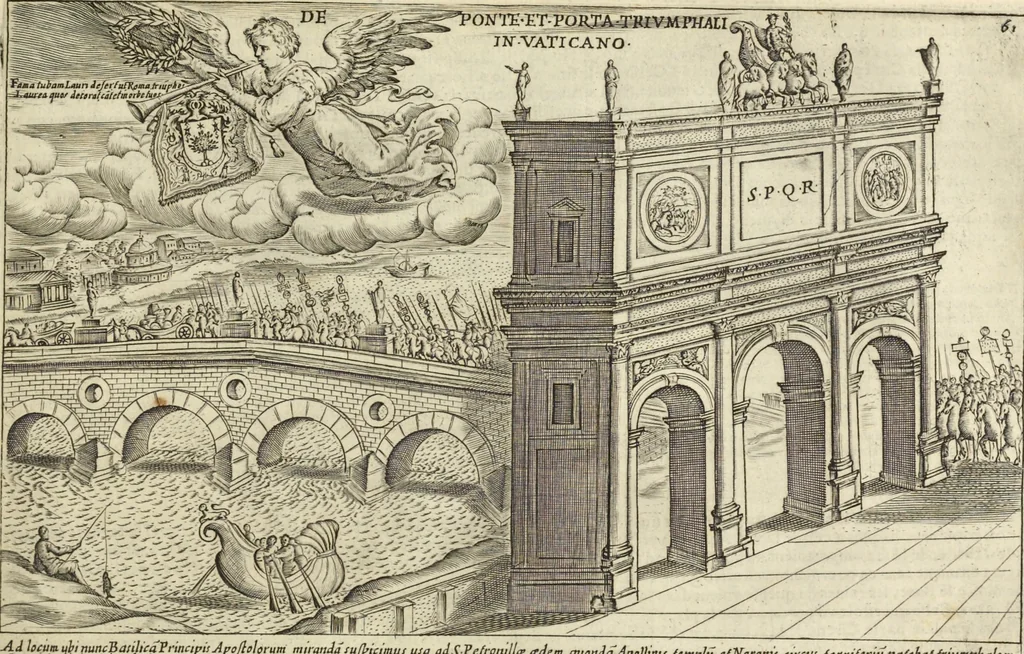 An illustration from Splendore dell'antica e moderna Roma : nel qvale si rappresentano tutti i principali tempii, teatri, anfiteatri, cerchi, naumachie, archi trionfali, obelischi, palagii, terme, curie, basiliche, fatti delli ré, consoli, dittatori, & imperadori romani : dignità ciuili, e militari, ordine de' trionfi, nomi di tutti i trionfanti, sacrificio militare; colonna Traiana, colonna Antonina, colonna milliaria, colonna rostrata, & colonna bellica; con li più segnalati giardini de gli antichi, e moderni Romani & altre cose notabili, con fatti, & imprese di quelli, da'quali sono stati eretti, e dedicati. : et in questa vltima impressione abbellito di molti disegni antichi, e moderni; & aggiuntoui le descrittioni delle figure cauate dall'antichi medaglie de gl'imperadori, in quatto linguagi latino, italiano, tedesco, e francese, per vtilità commune, 1641, leaf 148