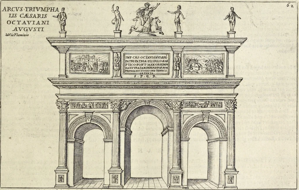 An illustration from Splendore dell'antica e moderna Roma : nel qvale si rappresentano tutti i principali tempii, teatri, anfiteatri, cerchi, naumachie, archi trionfali, obelischi, palagii, terme, curie, basiliche, fatti delli ré, consoli, dittatori, & imperadori romani : dignità ciuili, e militari, ordine de' trionfi, nomi di tutti i trionfanti, sacrificio militare; colonna Traiana, colonna Antonina, colonna milliaria, colonna rostrata, & colonna bellica; con li più segnalati giardini de gli antichi, e moderni Romani & altre cose notabili, con fatti, & imprese di quelli, da'quali sono stati eretti, e dedicati. : et in questa vltima impressione abbellito di molti disegni antichi, e moderni; & aggiuntoui le descrittioni delle figure cauate dall'antichi medaglie de gl'imperadori, in quatto linguagi latino, italiano, tedesco, e francese, per vtilità commune, 1641, leaf 150