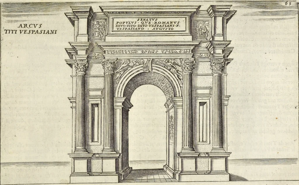 An illustration from Splendore dell'antica e moderna Roma : nel qvale si rappresentano tutti i principali tempii, teatri, anfiteatri, cerchi, naumachie, archi trionfali, obelischi, palagii, terme, curie, basiliche, fatti delli ré, consoli, dittatori, & imperadori romani : dignità ciuili, e militari, ordine de' trionfi, nomi di tutti i trionfanti, sacrificio militare; colonna Traiana, colonna Antonina, colonna milliaria, colonna rostrata, & colonna bellica; con li più segnalati giardini de gli antichi, e moderni Romani & altre cose notabili, con fatti, & imprese di quelli, da'quali sono stati eretti, e dedicati. : et in questa vltima impressione abbellito di molti disegni antichi, e moderni; & aggiuntoui le descrittioni delle figure cauate dall'antichi medaglie de gl'imperadori, in quatto linguagi latino, italiano, tedesco, e francese, per vtilità commune, 1641, leaf 152
