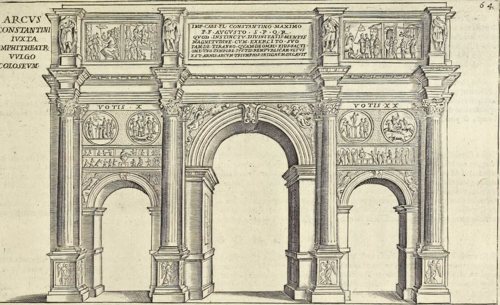 An illustration from Splendore dell'antica e moderna Roma : nel qvale si rappresentano tutti i principali tempii, teatri, anfiteatri, cerchi, naumachie, archi trionfali, obelischi, palagii, terme, curie, basiliche, fatti delli ré, consoli, dittatori, & imperadori romani : dignità ciuili, e militari, ordine de' trionfi, nomi di tutti i trionfanti, sacrificio militare; colonna Traiana, colonna Antonina, colonna milliaria, colonna rostrata, & colonna bellica; con li più segnalati giardini de gli antichi, e moderni Romani & altre cose notabili, con fatti, & imprese di quelli, da'quali sono stati eretti, e dedicati. : et in questa vltima impressione abbellito di molti disegni antichi, e moderni; & aggiuntoui le descrittioni delle figure cauate dall'antichi medaglie de gl'imperadori, in quatto linguagi latino, italiano, tedesco, e francese, per vtilità commune, 1641, leaf 154